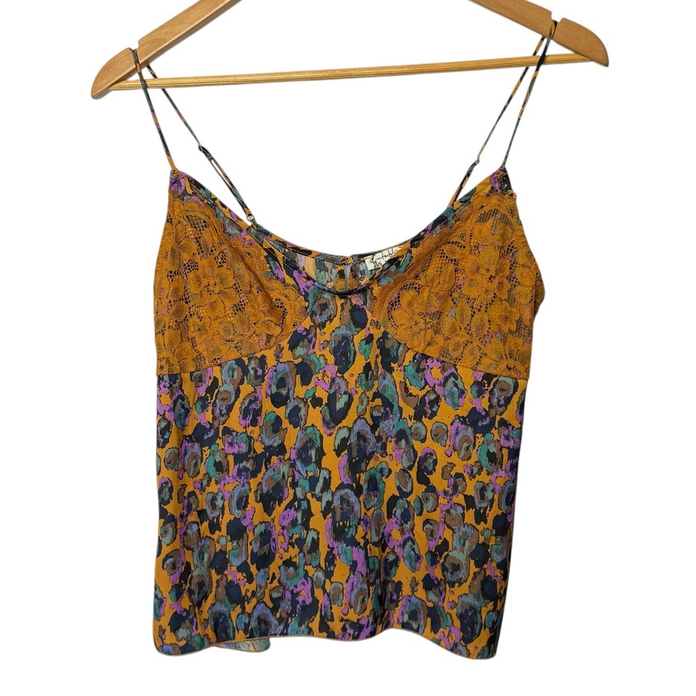 FREE PEOPLE animal print satin lace ochre combo cami top orange XS